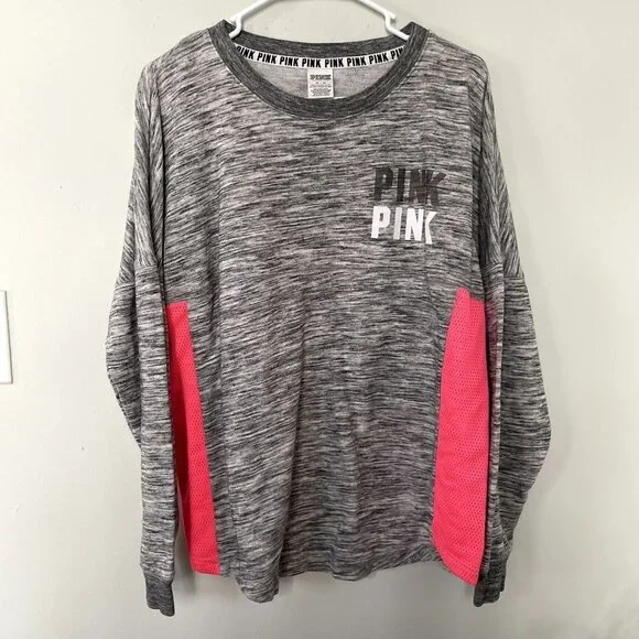 Victoria's Secret PINK gray neon pink crewneck sweater casual women size medium - Picture 1 of 8